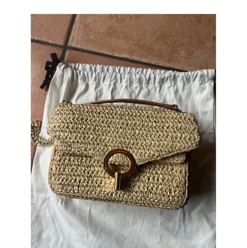 SANDRO PARIS woven shoulder bag straw & tan leather